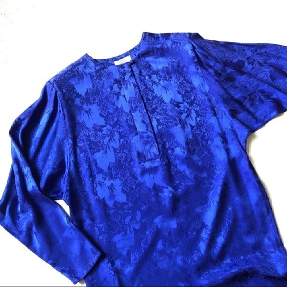 Gumps Silk Dress Vintage 80s Blue Floral Shirtdress - Picture 5 of 15